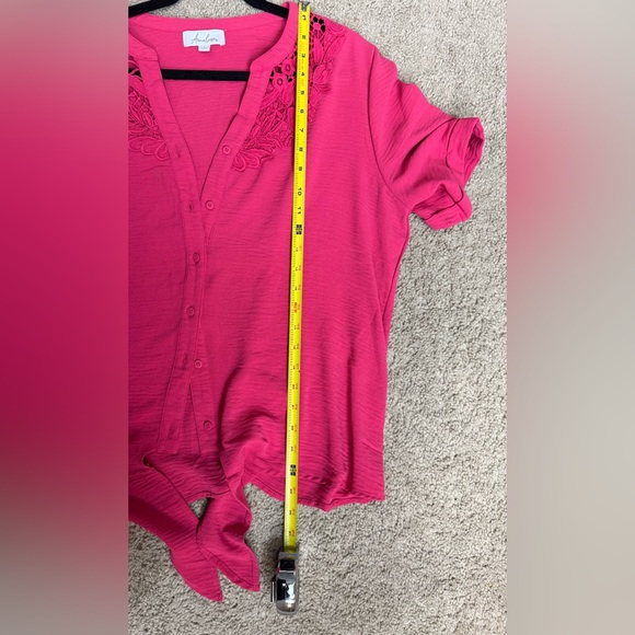 Anneleise Hot Pink Lace Yoke Tie-Front Top | Short Sleeve | Size L - Picture 5 of 7